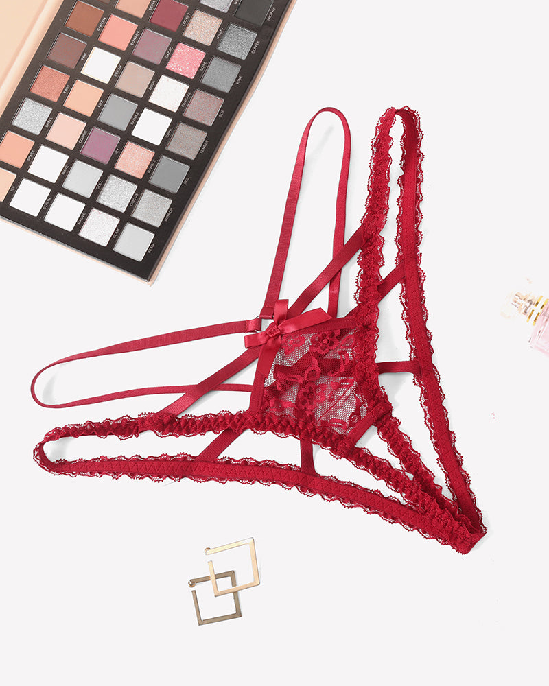 Wine red lace thong panties with crisscross tie straps and scalloped lace trim