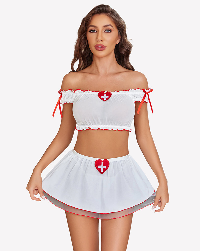 White off-shoulder lingerie top with flared mini skirt, red-trim edges and cross emblem