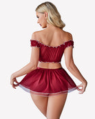 Wine-red off-shoulder corset and flared mini skirt with heart badge detail