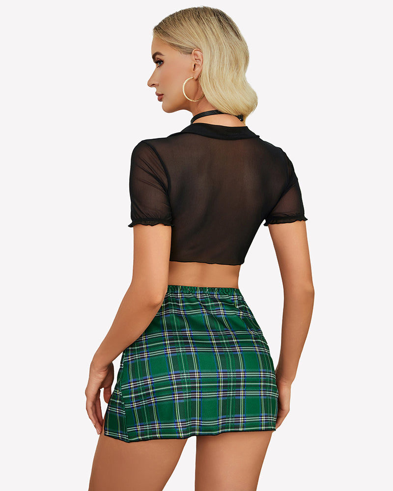 Sheer tie crop top and plaid mini skirt set, black top with green plaid skirt