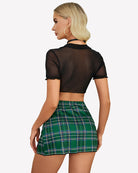 Sheer tie crop top and plaid mini skirt set, black top with green plaid skirt