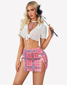 Sheer tie crop top and plaid mini skirt set, white top with pink plaid mini skirt