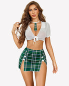 Sheer tie crop top and plaid mini skirt set, white tie top with green plaid skirt