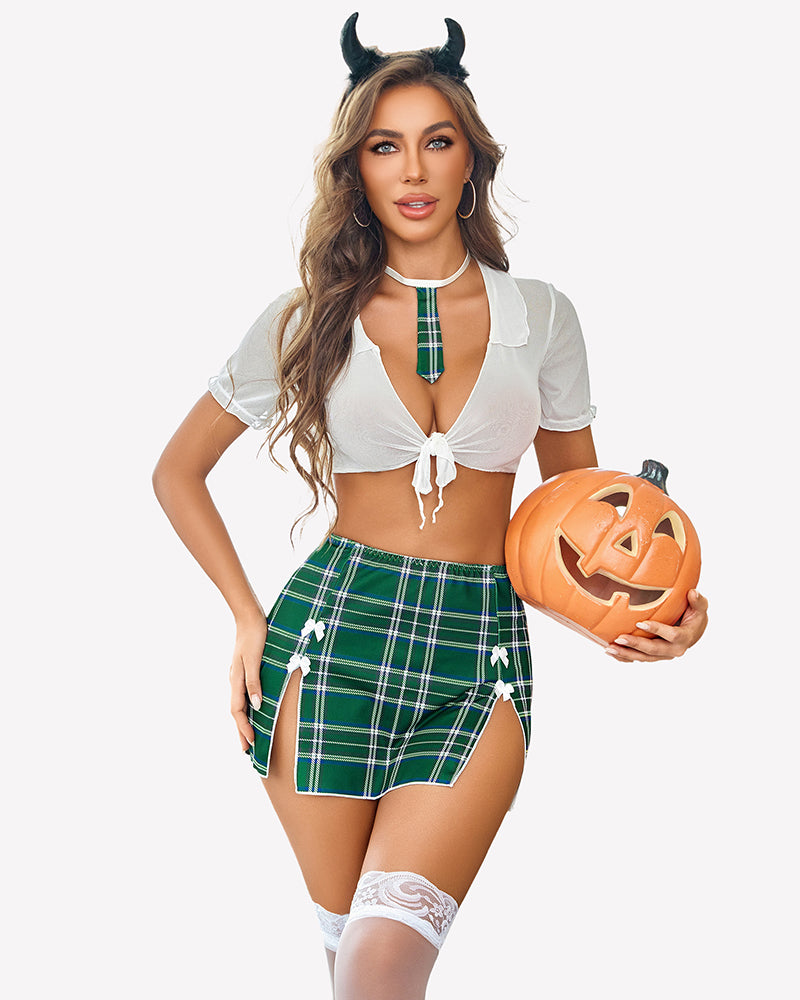 Sheer tie crop top and plaid mini skirt set, white tie top with green plaid skirt