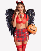 Red tie-front crop top with plaid mini skirt and lace thigh garter