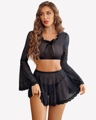 Sparkly sheer mesh crop top and mini skirt set, black, bow neckline, bell sleeves