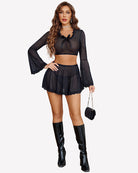 Sparkly sheer mesh crop top and mini skirt set, black, flared bell sleeves, lace hem