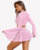 Sparkly sheer mesh crop top and mini skirt set, pink, back view, lace-trim flared sleeves
