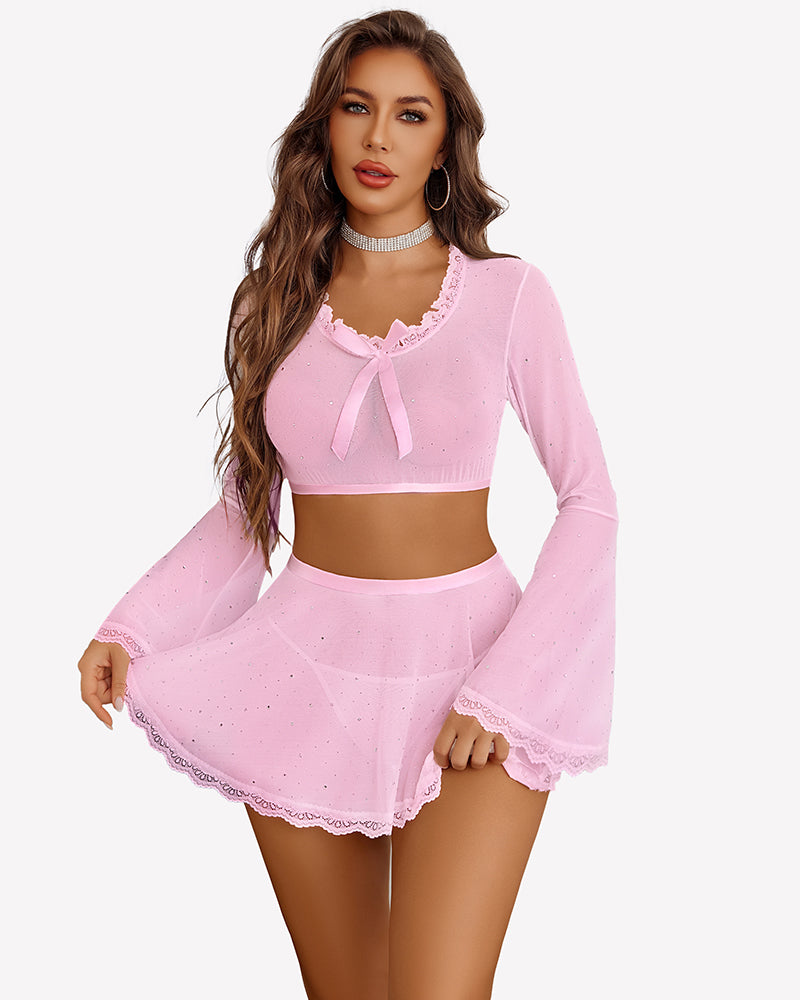Sparkly sheer mesh crop top and mini skirt set, pink, bow neckline, lace-trim hem