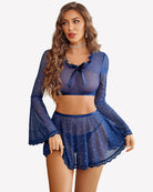 Sparkly sheer mesh crop top and mini skirt set, navy blue, bow neckline, bell sleeves