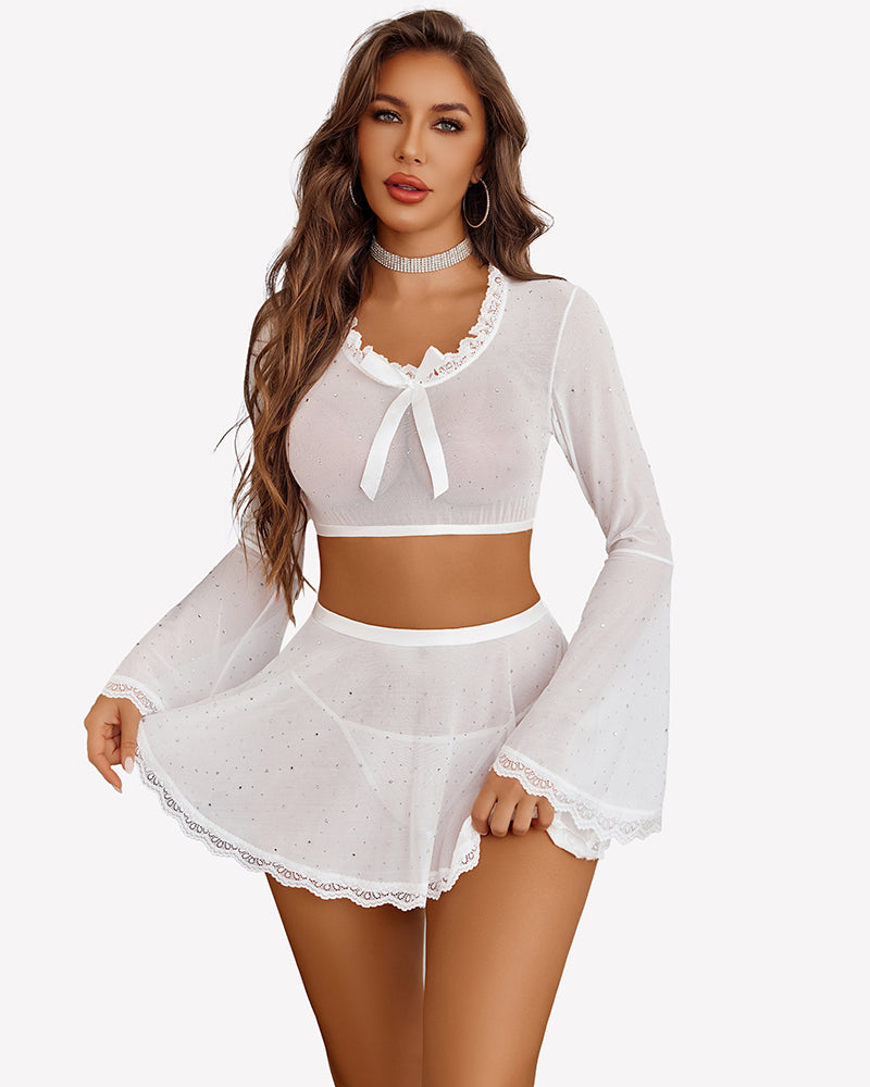 Sparkly sheer mesh crop top and mini skirt set, white, bow neckline, lace-trim bell sleeves