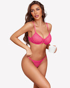 Fishnet push-up bra and thong set, hot pink mesh push-up cups