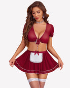 Burgundy lingerie maid set with bow-tie V crop top and ruffled apron skirt