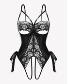 Black lace underwire cutout teddy bodysuit with long tie straps and bow details