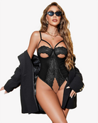 Black cutout teddy bodysuit with underwire cups and lace front, bow accents
