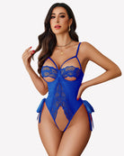 Blue cutout teddy bodysuit with underwire cups and lace panels, ribbon ties