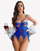 Blue lace cutout teddy bodysuit with underwire cups and side ribbon ties
