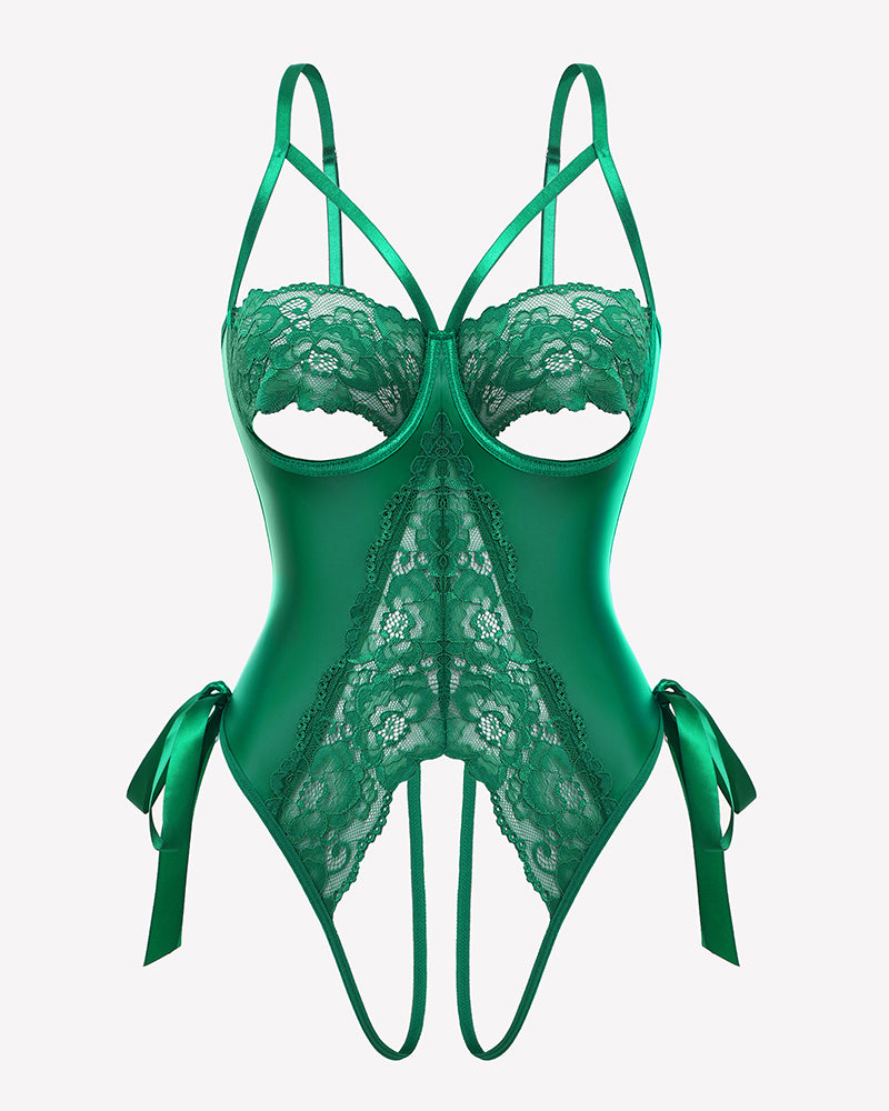 Green lace cutout underwire bodysuit with lace cups and side ribbon bow ties