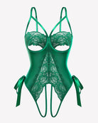 Green lace cutout underwire bodysuit with lace cups and side ribbon bow ties