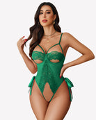 Green cutout teddy bodysuit with underwire cups, lace panels and ribbon side ties