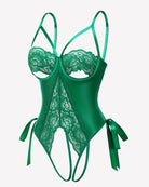 Green lace cutout underwire bodysuit with lace cups and ribbon bow side ties