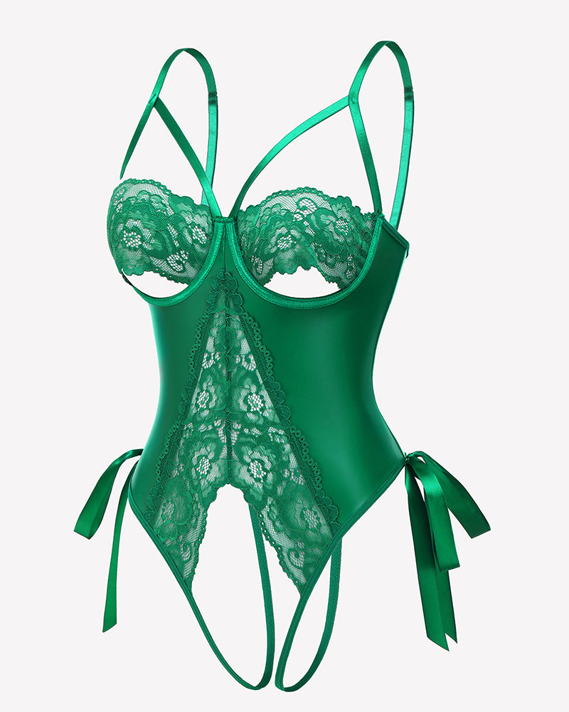 Green lace cutout underwire bodysuit with lace cups and ribbon bow side ties