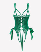 Green lace cutout underwire bodysuit back with ribbon bow ties