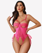 Pink lace cutout underwire bodysuit with bra cups and ribbon tie accents