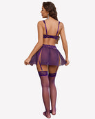 Purple lace bra and garter skirt set with lace thigh-high stockings, back view