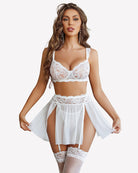 White lace bra, sheer garter skirt and matching thigh stockings set