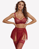 Wine red lace bra and sheer garter skirt with matching lace thigh stockings