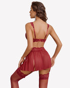 Wine red lace bra with sheer garter skirt and matching thigh stockings, back view