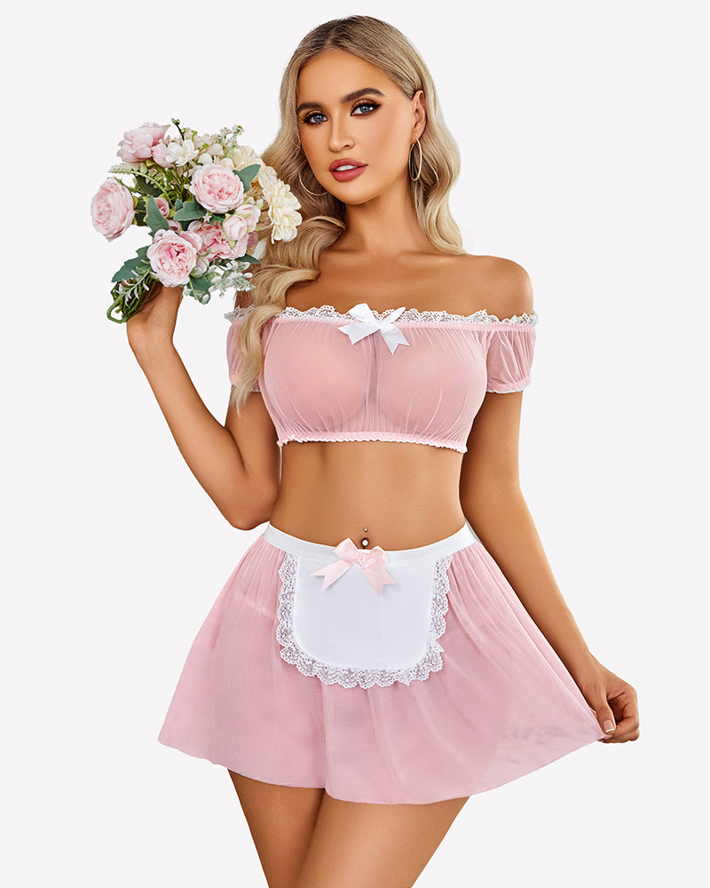 Light pink off-shoulder mesh mini skirt set with white lace trim and bows