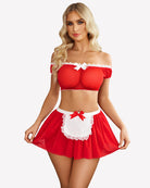 Red off-shoulder mesh mini skirt set with white lace trim and bow accents