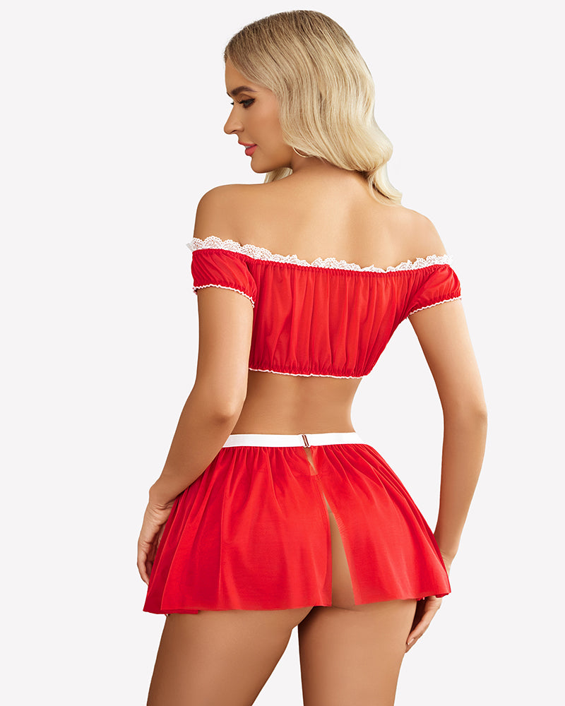 Red off-shoulder mesh mini skirt set, back view with white lace trim and bow