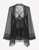 Black sheer robe with lace neckline, back cross straps, and lace trim sleeves