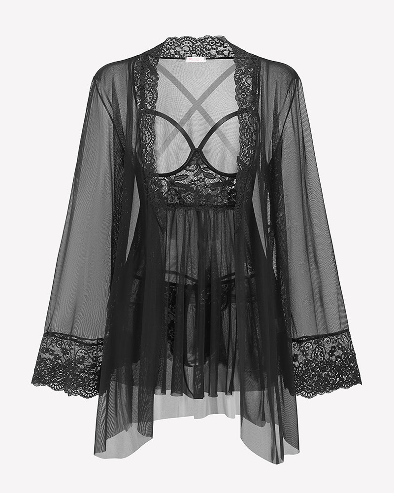 Black sheer robe with lace neckline, back cross straps, and lace trim sleeves