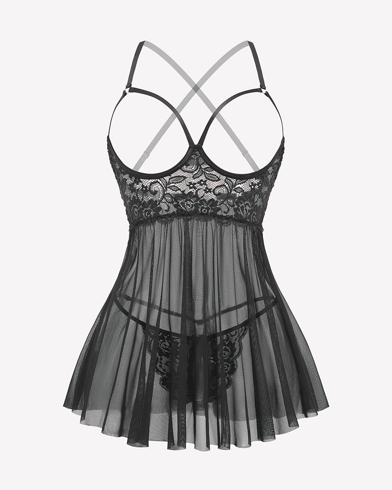 Black lace-trim mesh babydoll with underwire cups and crisscross back straps