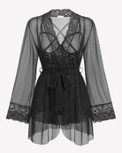 Black sheer babydoll robe with lace yoke and tie waist, back view