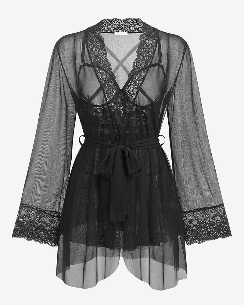 Black sheer babydoll robe with lace yoke and tie waist, back view