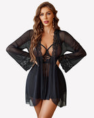 Black mesh cupless babydoll robe with lace trim and matching panty set
