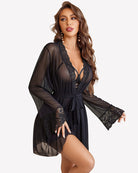 Black sheer babydoll robe with lace trim cups and tie-front detail