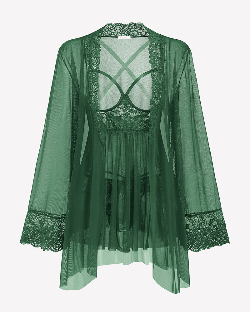 Green lace-trim babydoll with matching mesh robe, shown from the back