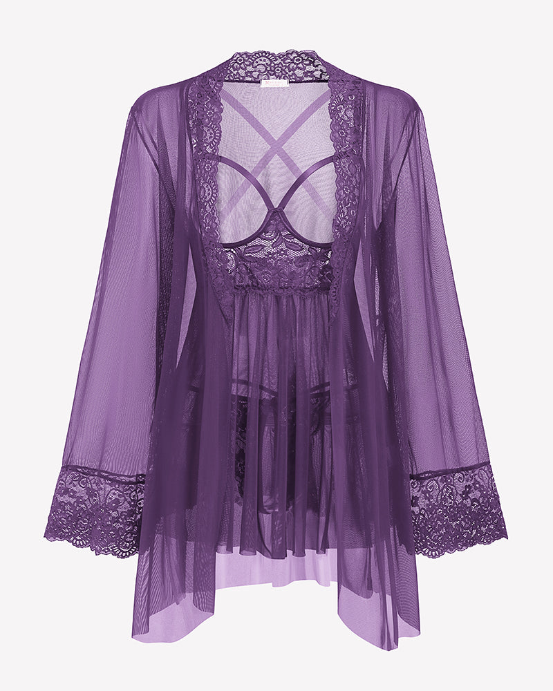 Purple lace-trim babydoll with matching mesh robe, shown from the back