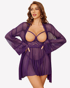 Purple lace babydoll lingerie set with matching mesh robe, front view