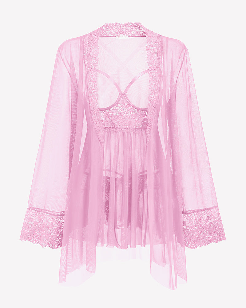 Light pink lace-trim babydoll with matching mesh robe, shown from the back
