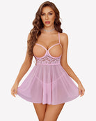 Light pink mesh babydoll lingerie set with lace cups and thin adjustable straps