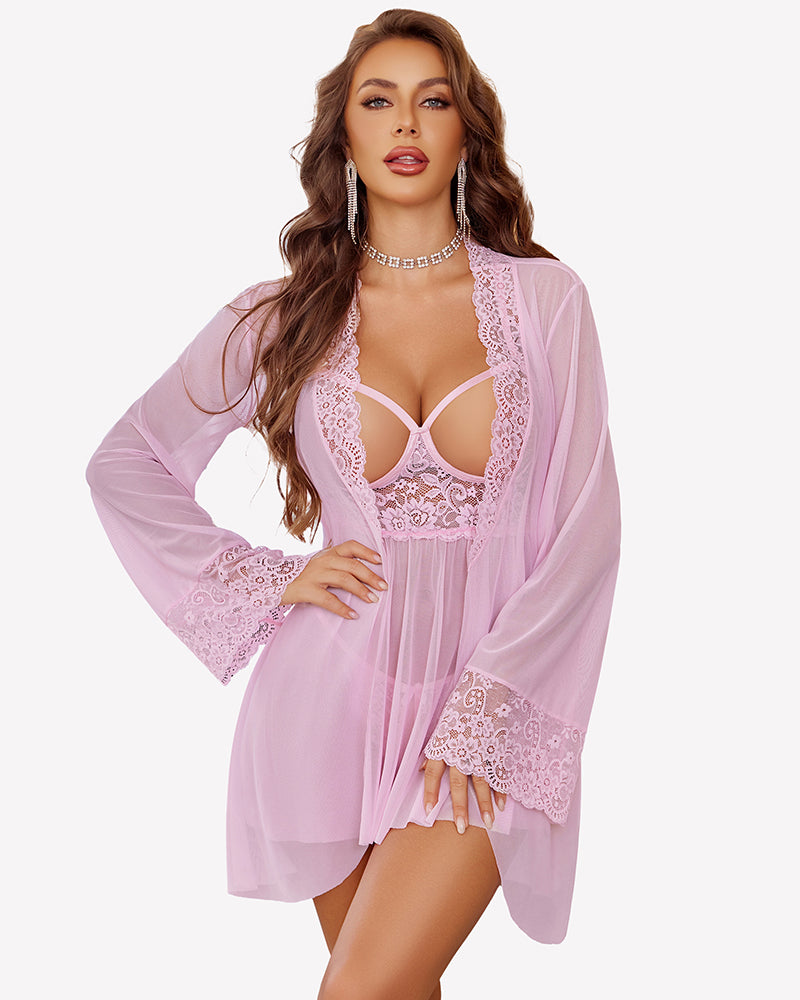 Light pink lace-trim babydoll lingerie set with matching mesh robe, front view
