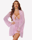 Light pink lace-trim babydoll lingerie set with matching mesh robe, front view