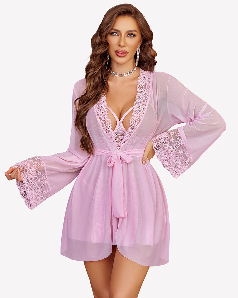 Lavender mesh robe with lace sleeves and lace-trim bralette, matching panties
